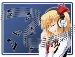  closed_eyes fang hair_ribbon headphones musical_note ribbon rumia short_hair singing taiga taiga_(natsu_hotaru) touhou 