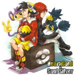  2boys aipom black_hair book box egg goggles gold_(pokemon) grin hat male multiple_boys murkrow mutsuki_yotsuka pokemon pokemon_(creature) pokemon_special red_hair redhead silver_(pokemon) sitting smile yellow_eyes 