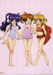  absurdres arisa_bannings barefoot bikini blonde_hair blue_eyes blue_hair brown_hair child feet flat_chest green_eyes hair_ribbon highres innertube mahou_shoujo_lyrical_nanoha multiple_girls ponytail purple_eyes ribbon swimsuit takamachi_nanoha tsukimura_suzuka twintails wink 