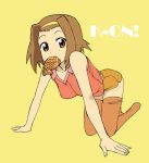  bare_shoulders boyshorts breasts brown_eyes brown_hair fish food hairband hotpants k-on! kikumaru_bunta mouth_hold short_hair shorts solo tainaka_ritsu taiyaki thigh-highs thighhighs tomboy wagashi 