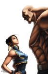  bare_shoulders bracelet chinese chinese_clothes chun-li costume height_difference jewelry male muscle omar_dogan sagat shirtless signature size_difference spiked spiked_bracelet spikes street_fighter udon udon_entertainment white_background 