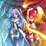  agito ahoge armband armpits arms_up asymmetrical_clothes blue_eyes blue_hair boots demon_tail dress fingerless_gloves fire flames flat_chest gloves highres ice long_hair mahou_shoujo_lyrical_nanoha mahou_shoujo_lyrical_nanoha_strikers minigirl multiple_girls navel one_thighhigh purple_eyes red_hair redhead reinforce_zwei sentaro single_thighhigh tail thigh-highs thigh_boots thighhighs twintails violet_eyes wings 
