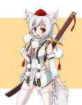  bad_id breasts detached_sleeves hat inubashiri_momiji large_breasts lilac_(artist) panties red_eyes sheath sheathed short_hair silver_hair sword tail thigh-highs thighhighs tokin_hat touhou underwear weapon wolf_ears wolf_tail 