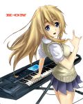  \m/ \n/ blue_eyes blush eyebrows instrument k-on! keyboard_(instrument) kotobuki_tsumugi nagamine_(catoko) piano school_uniform skirt solo sweater_vest 