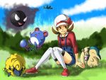  1girl biyorihunter bow brown_eyes brown_hair cabbie_hat cellphone cyndaquil gastly hat hat_ribbon ho-oh kotone_(pokemon) loafers mareep marill overalls phone pokemon pokemon_(creature) pokemon_(game) pokemon_gsc pokemon_heartgold_and_soulsilver purse red_ribbon ribbon shoes short_twintails sitting smile thigh-highs thighhighs twintails white_legwear white_thighhighs 