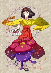  black_hair ebi_(daidalwave) erika_(pokemon) fan gym_leader hairband hands japanese_clothes petals pokemon pokemon_(creature) sandals short_hair tabi vileplume 