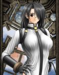  black_hair breasts brown_eyes gloves norita stained_glass straps 
