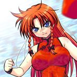  bare_shoulders blue_eyes braid breasts china_dress chinese_clothes glaring hong_meiling large_breasts long_hair no_hat no_headwear red_hair redhead takadoya touhou twin_braids 