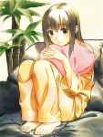  brown_eyes brown_hair couch feet hands highres original pajamas pillow pillow_hug plant sitting yuuki_keisuke 