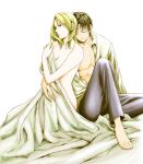  1girl afterglow bad_id barefoot bed_sheet black_hair blonde_hair clothed_male_nude_female couple error fullmetal_alchemist hair_down long_hair naked_sheet nude quality riza_hawkeye roy_mustang sheets yo_(artist) 