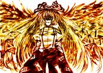  bakufu fiery_wings fire fujiwara_no_mokou fuu_(futian) hair_bow hands_in_pockets ink ink_(medium) long_hair monochrome red suspenders touhou traditional_media wings yellow 