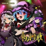  3girls blue_eyes blue_hair braid drum explorer_(guitar) guitar hairband hat headphones instrument izayoi_sakuya long_hair microphone narumi narumi_(momo27) patchouli_knowledge purple_eyes purple_hair red_eyes remilia_scarlet short_hair silver_hair thigh-highs thighhighs touhou twin_braids violet_eyes wings 