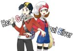  1girl alternate_costume arm_grab bad_id bag baseball_cap black_hair bow brown_hair cabbie_hat character_name gold_(pokemon) gold_(pokemon)_(remake) hat hat_ribbon holding holding_poke_ball hoodie kotone_(pokemon) mihazi overalls poke_ball pokegear pokemon pokemon_(game) pokemon_gsc pokemon_heartgold_and_soulsilver red_ribbon ribbon short_twintails thighhighs title_drop twintails 