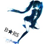  bikini_top black_hair black_rock_shooter black_rock_shooter_(character) blue_eyes boots cape gloves glowing glowing_eyes long_hair midriff shorts solo twintails 