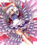  between_fingers braid danmaku grey_hair izayoi_sakuya katahira_masashi knife leg_garter maid maid_headdress open_mouth petticoat pocket_watch ribbon silver_hair spell_card touhou twin_braids watch white_hair 