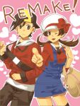  1girl bad_id bag baseball_cap brown_hair cabbie_hat gold_(pokemon) gold_(pokemon)_(remake) hat hat_ribbon heart hoodie kotone_(pokemon) overalls pokegear pokemon pokemon_(game) pokemon_gsc pokemon_heartgold_and_soulsilver purse red_ribbon ribbon short_twintails tegaki thighhighs twintails una wink 