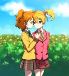  blonde_hair flower fresh_precure! fresh_pretty_cure! futari_wa_pretty_cure momozono_love multiple_girls necktie orange_hair precure red_eyes redhead saiko_dagashi school_uniform skirt sky yamabuki_inori yellow_eyes 