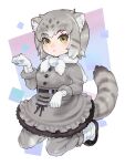  1girl an-chan_(ananna0315) animal_ears black_fur blush boots buttons cat_ears cat_girl cat_tail commentary_request eyebrows_visible_through_hair frilled_skirt frills fur_trim gloves grey_fur grey_hair grey_legwear grey_skirt grey_sweater high-waist_skirt highres kemono_friends kneeling long_sleeves multicolored_hair pallas&#039;s_cat_(kemono_friends) pantyhose paw_pose short_hair skirt solo sweater tail white_footwear white_gloves white_hair white_neckwear yellow_eyes 