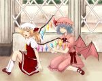  bat_wings blonde_hair blue_hair flandre_scarlet geike hat mary_janes multiple_girls open_mouth polishing ponytail remilia_scarlet shoes short_hair siblings side_ponytail sisters socks touhou wings 