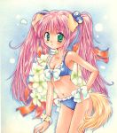  bikini dog_ears dog_tail green_eyes long_hair marker_(medium) millipen_(medium) minami_kawa original pink_hair swimsuit tail traditional_media twintails 