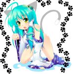  all_fours animal_ears aqua_hair barefoot blue_hair blush body_blush bottomless cat_ears cat_pose cat_tail clenched_hand detached_sleeves frog gradient_hair green_hair hair_ornament hands kemonomimi_mode kochiya_sanae multicolored_hair open_mouth paw_pose paw_print snake solo sw tail touhou yellow_eyes 