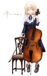  blue_eyes boots bow_(instrument) cello chair dress instrument long_hair original sabamu wings 