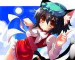  1girl animal_ears black_hair brown_eyes cat_ears cat_tail chen hat multiple_tails shin_(new) short_hair tail touhou 