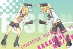  green_eyes hair_ornament hair_ribbon hairclip headphones headset kagamine_len kagamine_rin midriff navel necktie open_mouth parody pizza_(artist) ribbon sailor_collar short_hair shorts siblings symmetrical_hand_pose twins vocaloid xpizzeriax 