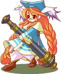  bazooka boots breath_of_fire breath_of_fire_iii cannon glasses gown hat kokutou kokutou_eiri long_hair lowres momo_(breath_of_fire) orange_hair pixel_art red_eyes robe twintails very_long_hair weapon 