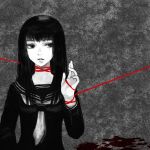  black_hair blood kno kno_(anahita) long_hair mole monochrome red_string school_uniform serafuku spot_color 