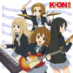  akiyama_mio black_eyes black_hair blonde_hair blue_eyes brown_eyes brown_hair drum drum_set guitar highres hirasawa_yui instrument k-on! kotobuki_tsumugi long_hair matthew_(artist) multiple_girls pantyhose school_uniform short_hair synthesizer tainaka_ritsu tomboy 