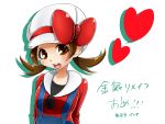  bad_id blush brown_eyes brown_hair cabbie_hat hat hat_ribbon heart ito_tani kotone_(pokemon) overalls pokemon pokemon_(game) pokemon_gsc pokemon_heartgold_and_soulsilver red_ribbon ribbon short_twintails simple_background smile solo title_drop translated translation_request twintails white_background 