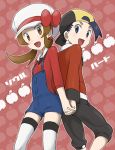  back-to-back bow brown_eyes brown_hair cabbie_hat flat_chest gold_(pokemon) gold_(pokemon)_(remake) hand_holding hat hat_ribbon holding_hands kama_yoichi koma_yoichi kotone_(pokemon) overalls pokemon pokemon_(game) pokemon_gsc pokemon_heartgold_and_soulsilver red_ribbon ribbon short_twintails smile thigh-highs thighhighs translated twintails white_legwear white_thighhighs 