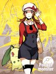  bow brown_eyes brown_hair cabbie_hat chikorita hat hat_ribbon kotone_(pokemon) overalls pokemon pokemon_(game) pokemon_gsc pokemon_heartgold_and_soulsilver red_ribbon ribbon short_twintails thigh-highs thighhighs twintails 