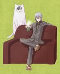  bad_id cat_costume cat_suit catsuit couch error formal geta green_tea male megami_ibunroku_devil_survivor naoya necktie protagonist_(devil_survivor) red_eyes seitamu silver_hair suit 