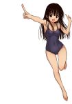  armpits barefoot black_eyes black_hair colored foreshortening hands highres long_hair murasame_oshizu one-piece_swimsuit pointing school_swimsuit solo swimsuit to_love-ru toloveru vector_trace yuuki_mikan 