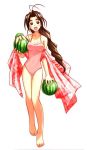  barefoot brown_hair food fruit holding holding_fruit jpeg_artifacts legs long_hair love_hina one-piece one-piece_swimsuit otohime_mutsumi swimsuit tama_(love_hina) watermelon 