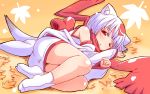  :&lt; ;&lt; animal_ears ass bad_id bare_shoulders detached_sleeves dog_ears feet japanese_clothes kitsune_choukan kitsune_udon_(artist) legs lying obebe_(kitsune_choukan) on_side original red_eyes scarf solo tabi tail white_hair wink 