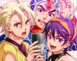  blonde_hair earrings fang fork fugo_pannacotta guido_mista jewelry jojo_no_kimyou_na_bouken male narancia_ghirga open_mouth pannacotta_fugo purple_eyes short_hair tetsukuzu_tetsuko violet_eyes yellow_eyes 