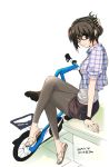  bicycle brown_hair comb crossed_legs denim_skirt earrings folding_bicycle glasses hair_ornament hair_up jewelry leggings legs looking_back mirk ring sandals signature simple_background sitting solo wedding_band wristband wristbands 