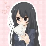  bad_id bangs black_hair blazer blue_eyes blunt_bangs cat chewing heart hime_cut k-on! long_hair lowres mouth_hold poplovers school_uniform solo stuffed_animal stuffed_toy 