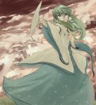 clouds detached_sleeves green_eyes green_hair kochiya_sanae long_skirt ryuu short_hair skirt tears touhou
