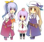  bad_id blonde_hair bunny_ears carrot chibi food fruit hat holding holding_fruit jing_hu kiyoshi_mizuumi_+ long_hair lowres necktie peach ponytail purple_hair rabbit_ears red_eyes reisen short_hair simple_background skirt thighhighs touhou watatsuki_no_toyohime watatsuki_no_yorihime yellow_eyes 