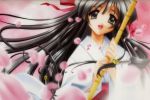   black_hair hair_ribbon japanese_clothes long_hair miko ribbon sakura_petals grey_eyes  