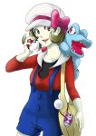  1girl bag bow brown_hair cabbie_hat cellphone hat hat_ribbon holding holding_poke_ball kotone_(pokemon) kuro_tou overalls phone poke_ball pokegear pokemon pokemon_(creature) pokemon_(game) pokemon_gsc pokemon_heartgold_and_soulsilver purse red_ribbon ribbon short_hair short_twintails smile totodile twintails 
