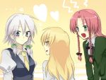  blue_eyes braid heart hong_meiling izayoi_sakuya jealous jealousy kanaritu kirisame_marisa open_mouth red_hair redhead ribbon short_hair silver_hair touhou twin_braids 