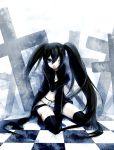  belt black_hair black_rock_shooter black_rock_shooter_(character) blue_eyes boots cape checkerboard checkered chm cross gloves injury kneeling long_hair midriff navel scar shorts solo thigh-highs thigh_boots thighhighs twintails 