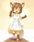 1girl animal_ears apron blush closed_eyes female fox_ears fox_tail furry happy ka_(pixiv341010) loli naked_apron open_mouth paws running slippers smile solo 