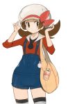  bag bow brown_eyes brown_hair cabbie_hat cellphone hat hat_ribbon highres kotone_(pokemon) overalls phone pokegear pokemon pokemon_(game) pokemon_gsc pokemon_heartgold_and_soulsilver purse red_ribbon ribbon short_twintails simple_background smile solo thigh-highs thighhighs twintails white_background wosaki 