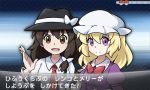  2girls blonde_hair bow brown_eyes brown_hair fake_screenshot hacko hat hat_bow maribel_hearn mob_cap multiple_girls necktie open_mouth parody pokemon pokemon_(game) pokemon_xy smile style_parody touhou translation_request usami_renko violet_eyes 